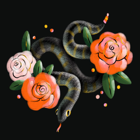 Poisonous snake with striped skin, rose flowers, colorful tail and confetti, beautiful decorative exotic illustration on black backgroundの写真素材