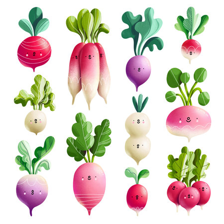 Fresh farm market radish in cartoon style, set of 11 cute illustration characters, isolated on white backgroundの写真素材