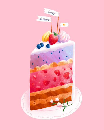 Piece of birthday cake on a beautiful vintage plate with berries, decorative flags, flowers and meringue, birthday illustration card on pink backgroundの写真素材