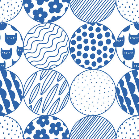 Abstract blue doodle circles with florals, dots and cats patterns inside, vector seamless patternのイラスト素材