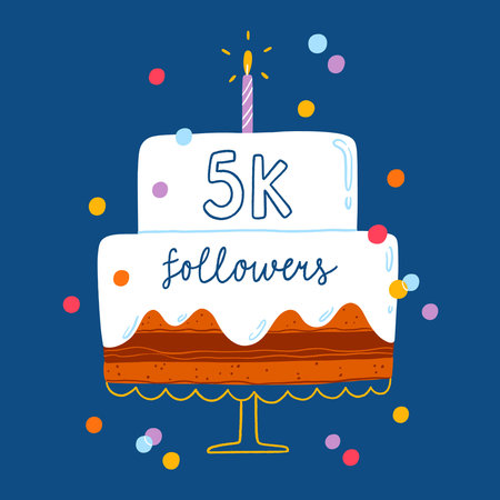 5k followers celebration card, hand drawn cartoon cake with lettering, confetti and a candle, achievement point vector illustrationのイラスト素材