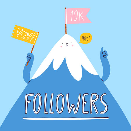 10k followers celebration card, hand drawn cartoon mountain character with cheering flags and lettering on blue background, thank you, achievement point vector illustrationのイラスト素材