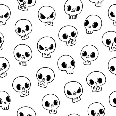 Scary but cute doodle outlined skulls for Halloween party decorations, vector seamless pattern, black and white illustrationのイラスト素材