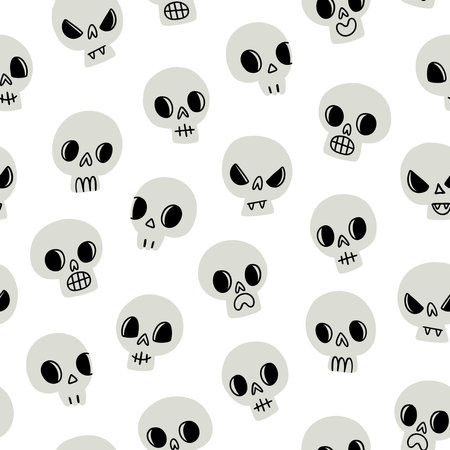 Scary but cute doodle skulls for Halloween party decorations, vector seamless pattern illustrationのイラスト素材