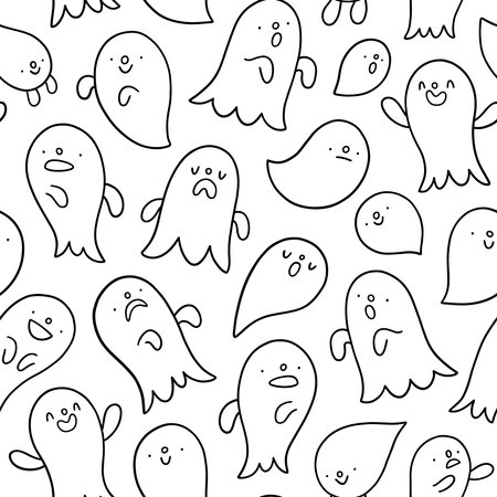 Spooky doodle outline ghosts, Halloween party season, vector black and white seamless patternのイラスト素材