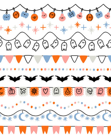 Seamless Halloween party garlands set, vector bundle with flags, cute pumpkins, buntings and spooky ghosts illustrations, isolated on white backgroundのイラスト素材