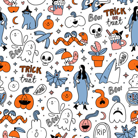 Halloween doodles vector seamless pattern with outline, with ghosts, cute monsters, trick or treat lettering and other holiday cartoonsのイラスト素材