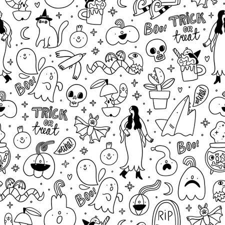 Halloween doodles vector seamless pattern black and white outline, with ghosts, cute monsters, trick or treat lettering and other holiday cartoonsのイラスト素材