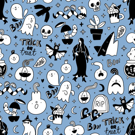 Halloween vector seamless pattern black and white on blue background, with ghosts, cute monsters, trick or treat lettering and other holiday cartoonsのイラスト素材