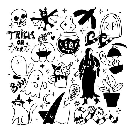 Spooky fun Halloween illustrations vector set in black and white with ghosts, cute monsters, a little bit of lettering and other holiday doodles. isolated on white backgroundのイラスト素材