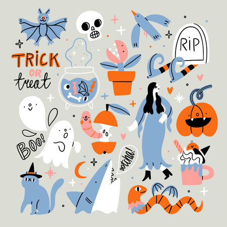 Spooky fun Halloween vector illustrations set with ghosts, cute monsters, a little bit of lettering and other holiday doodles. isolated on gray backgroundのイラスト素材