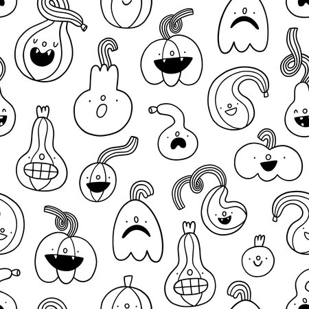 Pumpkins black and white vector outline seamless pattern. Cute cartoon party print on white background with whimsical jack o lanternsのイラスト素材