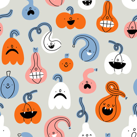 Pumpkins characters Halloween vector seamless pattern. Cute and colorful cartoon party print on gray background with whimsical jack o lanternsのイラスト素材