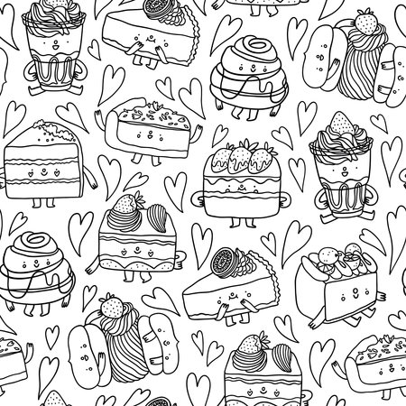 Cute cartoon doodle dessert characters in black and white outline, vector seamless patternのイラスト素材