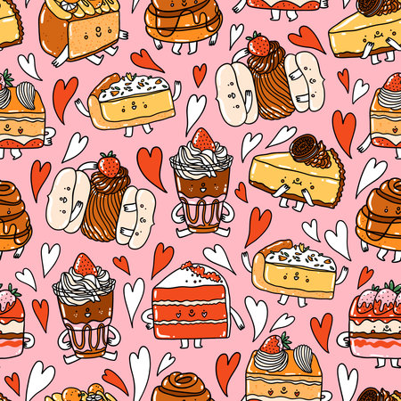 Cute cartoon doodle dessert characters, slice of pies, yummy fruit tarts, citric lemon, chocolate and strawberry flavors, and little hearts, vector seamless pattern on pink backgroundのイラスト素材