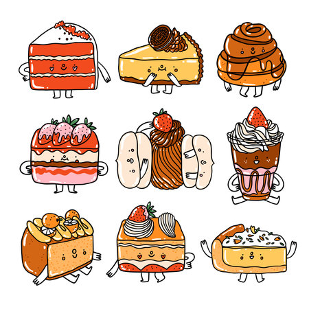 Cute cartoon doodle dessert characters, slice of pies, yummy fruit tarts, citric lemon, chocolate and strawberry flavors, vector illustrations set, isolated on white backgroundのイラスト素材