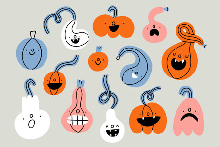 Cute and colorful doodle pumpkin characters of different shapes, cartoon vector Halloween illustrations set, isolated on grayのイラスト素材
