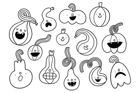 Cute doodle pumpkins of different shapes in black outline, cartoon vector Halloween illustrations setのイラスト素材