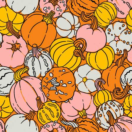 Pumpkin feast garden, autumn vector hand drawn seamless pattern with pumpkins and gourds of different shapes, in pink and mint, orange and yellow, great for Thanksgiving or Halloween party decorationsのイラスト素材