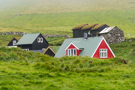 typical houses with the grass roof in the Faroe Islands.の写真素材