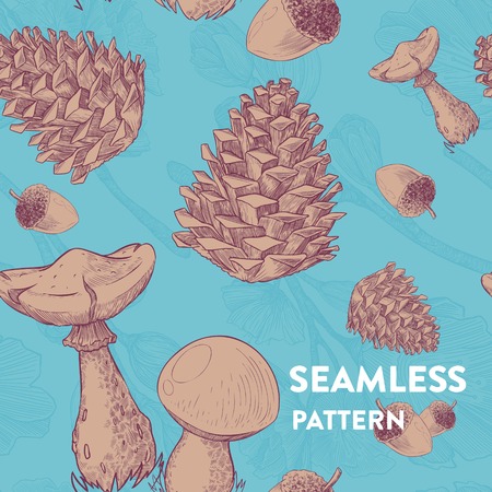 Trendy seamless forest pattern with  mushrooms, strobiles, and acorns on blue background. Vector illustrationのイラスト素材