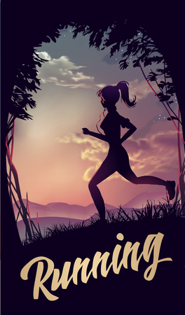 Sporty woman jogging at park in sunrise light. Vector illustrationのイラスト素材