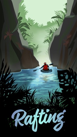 Man Kayaking On Mountain River. Vector Posterのイラスト素材
