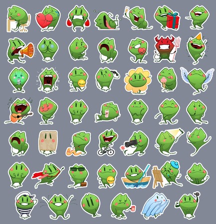 Collection of Emoticon Emoji Cartoon Frog. Vector Emotions Stickersのイラスト素材