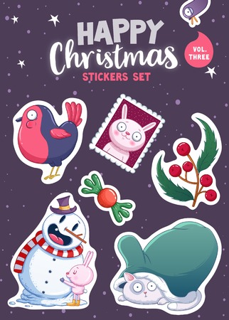Set of Merry Christmas and Happy New Year stickers or magnets. Festive souvenirs. illustrationのイラスト素材