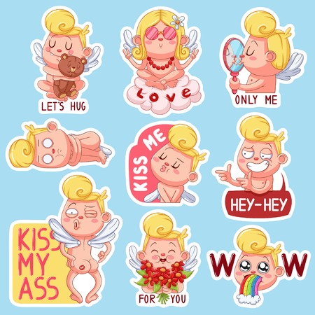 Color set of cupids for Valentine's Day. Funny stickers with different emotions. Vector illustrationのイラスト素材