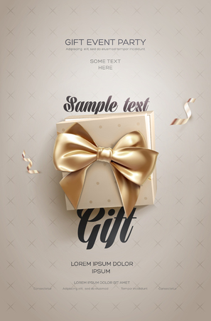 White Festive flyer or poster. Top view on gift box and bow with beautiful backdrop. Vector illustrationのイラスト素材