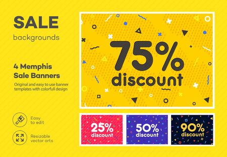 Set of modern colorful poster, banner, flyer template in the Memphis style. Big Sale. Special offer discount. Vector Illustrationのイラスト素材
