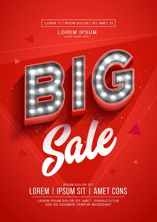 Red big sale poster or flyer design. Retro light signboard banner with glowing bulbsのイラスト素材