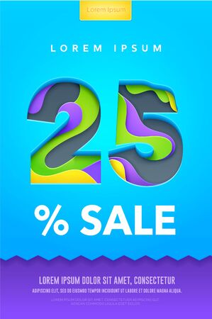 25 percent discount poster or flyer design in paper art carving style. Colorful bright vector Illustrationのイラスト素材