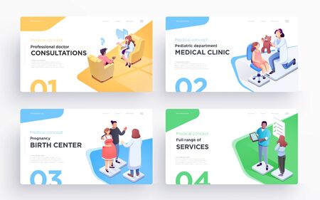 Presentation slide templates or hero banner images for websites, or apps. Medical concept illustrations. Modern isometric style. Vectorのイラスト素材