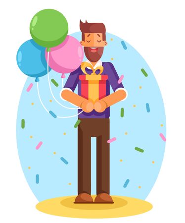 Smiling young man holding gift box with large ribbon as a present. Modern flat style vector illustrationのイラスト素材