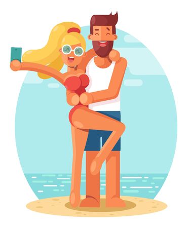Young couple taking selfie photo with mobile phone camera at beach. Modern flat style vector illustrationのイラスト素材