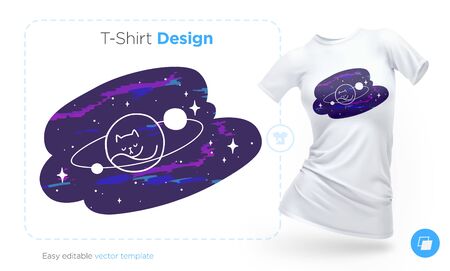 Cat planet in space t-shirt design. Print for clothes, posters or souvenirs. Vector illustrationのイラスト素材