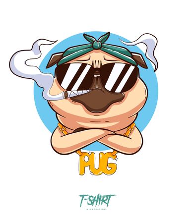 Pug life. Print on T-shirts, sweatshirts and souvenirs. Brutal pug gangster with gold chain. Vector illustrationのイラスト素材