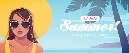 Illustration of girl in a hat on a tropical landscape background. Summer vacation poster or flyer. Vector illustrationのイラスト素材