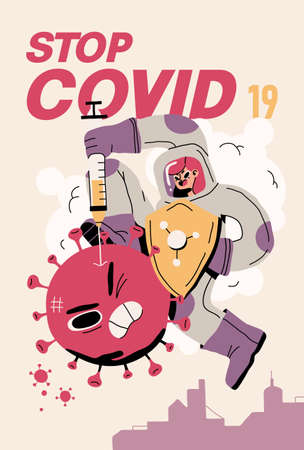 Fight with Coronavirus concept. Illustration of a doctor fighting with covid-19 corona virus. Disease campaign poster. Vectorのイラスト素材