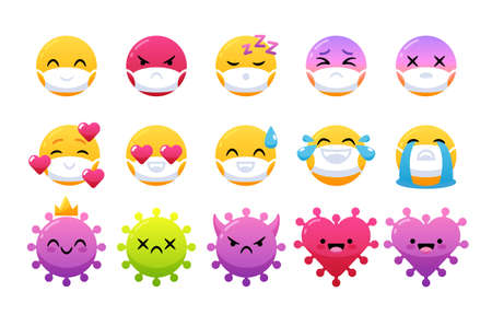 Emoticon wearing face masks in laugh, yay, smile, wow, love, angry and sad emotions on white background. Vector illustrationのイラスト素材