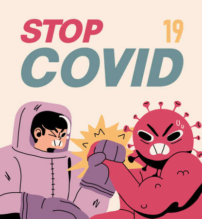 Fight with Coronavirus concept. Illustration of a doctor fighting with covid-19 corona virus. Disease campaign poster. Vectorのイラスト素材