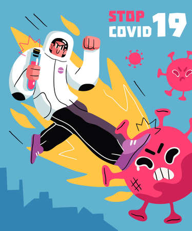 Fight with Coronavirus concept. Illustration of a doctor fighting with covid-19 corona virus. Disease campaign poster. Vectorのイラスト素材
