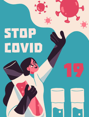 Fight with Coronavirus concept. Illustration of a doctor fighting with covid-19 corona virus. Disease campaign poster. Vectorのイラスト素材