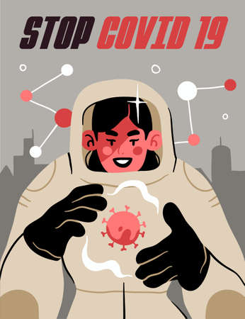 Fight with Coronavirus concept. Illustration of a doctor fighting with covid-19 corona virus. Disease campaign poster. Vectorのイラスト素材