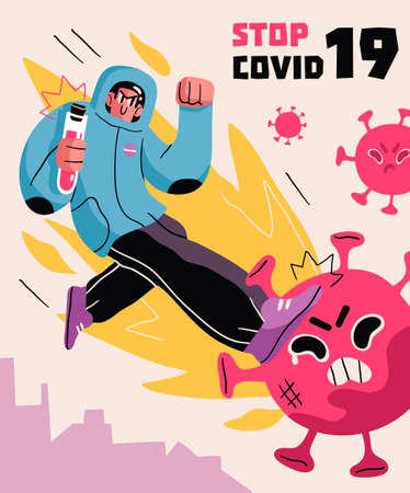 Fight with Coronavirus concept. Illustration of a doctor fighting with covid-19 coronavirus. Disease campaign poster. Vectorのイラスト素材