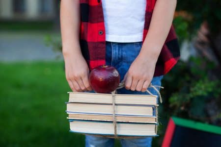 Closeup Little girl hands are holding a stack of books and red apple on them. Back to school. Education concept. Child carrying a lot of books from the library. Without a face. Schoolgirls homeworkの写真素材