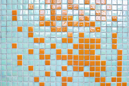 turquoise orange mosaic square. pattern color wall and floor mosaic tiles for background texture. old blue folding abstract ceramic mosaic. Colorful ceramic stones.âの写真素材