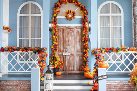 Decorated entrance to a house decorated for Halloween. Halloween decorの写真素材